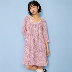 Eileen West Pink Floral Modal Nightgown Small Lace Ruffle Cottagecore